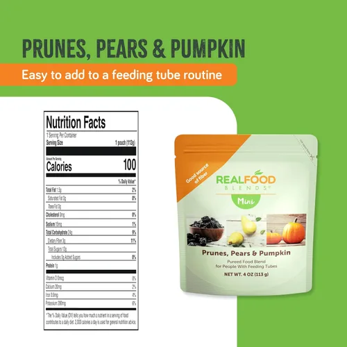 Vista 2 de REAL FOOD BLENDS Mini, mezcla de ciruelas pasas, peras y calabaza, aperitivo en puré para alimentación por tubo con aceite de linaza, 100 calorías