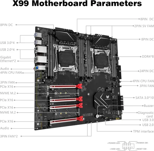 Vista 6 de X99 Placa base de doble CPU LGA 2011-3 Placa base de servidor para Intel i7 5ª/6ª generación Xeon E5 V3/V4 Series