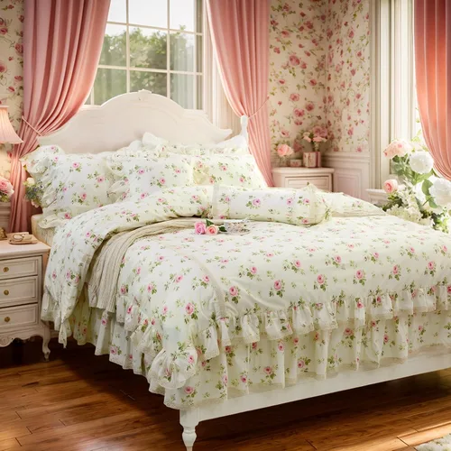 Vista 29 de FADFAY Juego de funda de edredón con estampado floral de roseta, juego de ropa de cama de encaje con volantes para niñas, 3 piezas