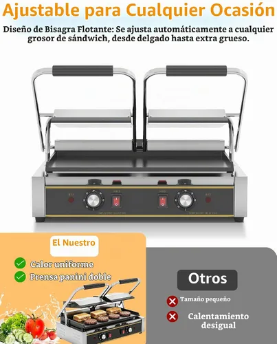 Vista 14 de Panini Press comercial - Parrilla eléctrica Panini de 3600 W, acero inoxidable, controles de temperatura duales, prensa doble sándwich con sartén