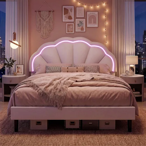 Vista 10 de Base de cama LED tapizada individual para niñas con cabecero de pétalos ajustable, color beige