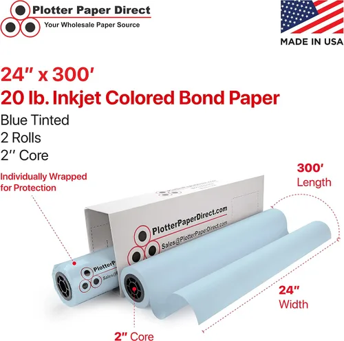 Vista 2 de Plotter Paper Direct (20 libras, color azul, 2 rollos, núcleo de 2 pulgadas, 24 pulgadas x 300 pies) para impresión CAD en impresoras de chorro