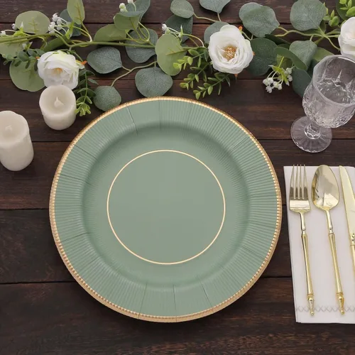 Vista 7 de Efavormart Paquete de 25 Platos Cargadores Desechables Sunray Metallic Sage Green de 13", Bandeja de Servir de Cartón, Redonda - 350 GSM Verde