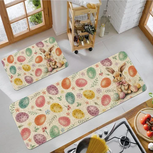 Vista 4 de Juego de 2 alfombras de cocina de Pascua, decoración de cocina de Pascua, huevos coloridos para piso, tapete de 17 x 30 pulgadas + alfombra