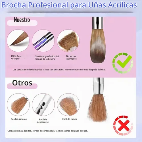 Vista 4 de Kolinsky - Brochas acrílicas para uñas 100% puras, punta ovalada prensada para polvo acrílico, mango de metal azul degradado, cepillo profesional