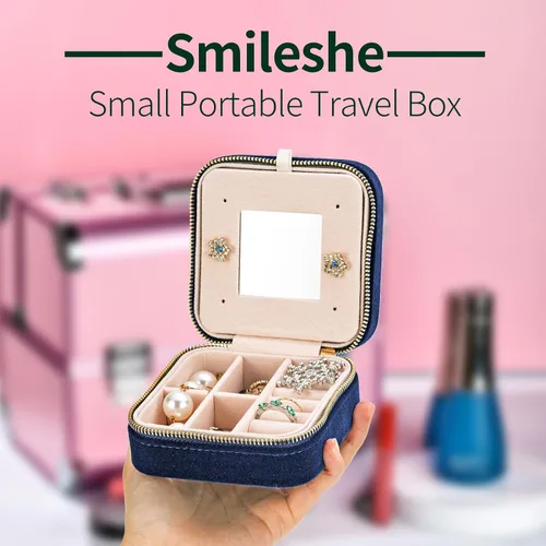 Vista 5 de Joyero de terciopelo de viaje con espejo, mini estuche de regalo para mujeres y niñas, pequeñas cajas organizadoras portátiles para anillos, aretes