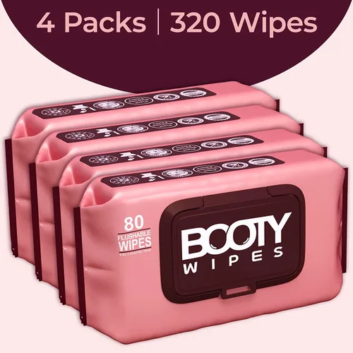 Vista 2 de BOOTY WIPES Toallitas desechables para mujer, 320 unidades en total (4 paquetes de 80) toallitas húmedas para adultos, toallitas femeninas con pH