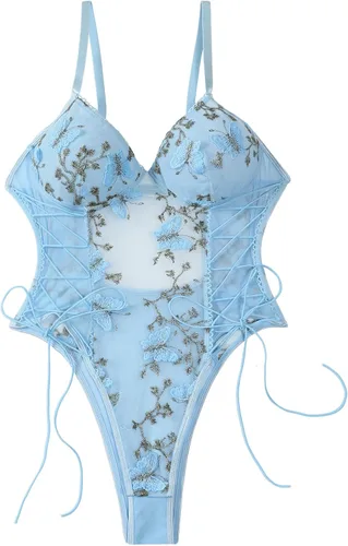 Vista 8 de Lilosy Teddy de Lencería Sexy para Mujer con Cordones y Bordado Floral, Body Top de Malla Transparente de Una Pieza Verde militar