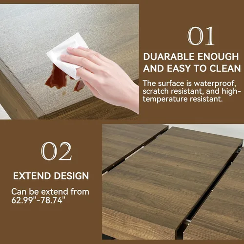 Vista 6 de Juego de mesa de comedor extensible marrón de 63 a 78.74 pulgadas para 4, juego de mesa de comedor de 5 piezas con 4 sillas tapizadas, mesa