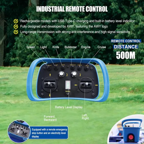 Vista 4 de Cortacésped con control remoto, cortacésped de oruga híbrido de aceite-electricidad 4WD, altura de corte de 2.8-15 cm, cortacésped profesional