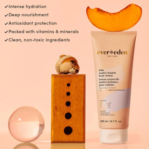 Vista 2 de Evereden Loción Corporal Multivitamínica para Niños (6.7 fl.oz., Melocotón Refrescante): Loción Hidratante para Niños Suave y No Tóxica Loción