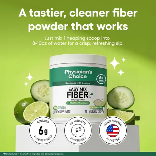 Vista 2 de Physician's CHOICE Easy Mix Fiber para soporte GLP-1 - Sin arena - Suplemento diario de fibra soluble prebiótica en polvo para mujeres y hombres