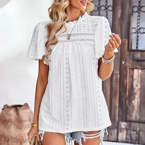 Vista 2 de Women Solid Crew Neck Short Sleeve Elegant Shirts Blouses Tops Jacquard Summer Shirt