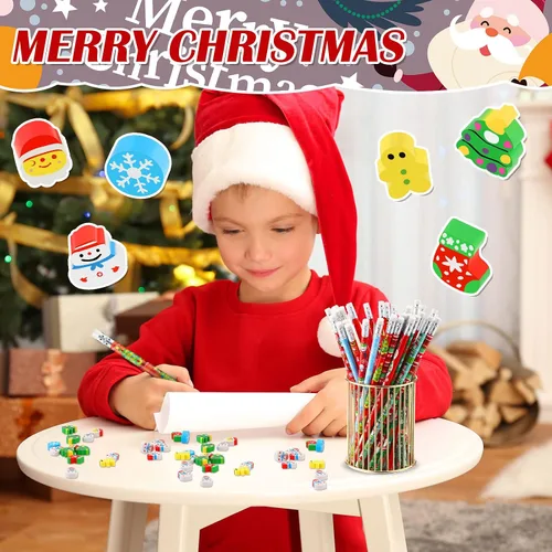 Vista 3 de Crtiin 72 lápices de Navidad y mini borradores a granel, lindo y divertido lápiz y borradores, hombre de jengibre, Papá Noel, muñeco de nieve