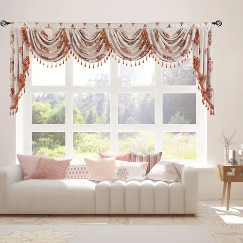Vista 11 de Cenefa de cascada de damasco jacquard, aguamarina, 39 pulgadas de ancho, 1 panel Damask Waterfall Valance, Rod Pocket with Tassels Valance, For