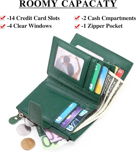 Vista 2 de FALAN MULE Cartera pequeña para mujer, de piel auténtica, plegable, compacta, con bloqueo RFID, pequeña cartera para mujer, Manzana Verde