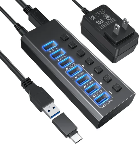 Vista 9 de Hub USB 3.0 alimentado de aluminio de 10 puertos USB 3.0 Hub de datos con adaptador de corriente de 12V/4A (48W) e interruptores individuales