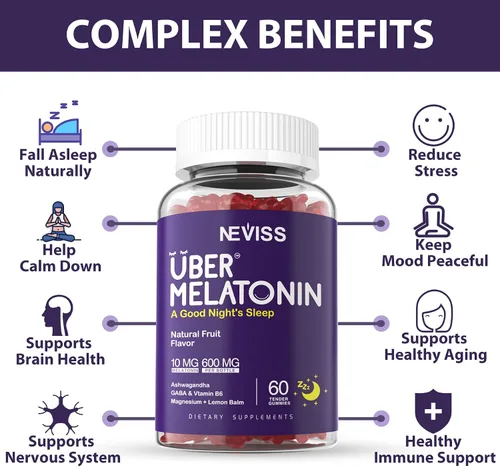 Vista 4 de Gomitas de melatonina 10 mg 20 mg para adultos, melatonina 10 mg por gomita con Ashwagandha, glicinato de magnesio, GABA, L-teanina, raíz