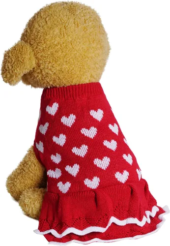 Vista 3 de Vestido de suéter para cachorro, San Valentín, Navidad, niña, rojo, invierno, cálido, vestido de princesa, prendas de punto, suéter para mascotas