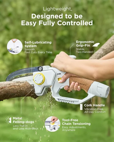 Vista 4 de InoKraft Mini motosierra inalámbrica sin escobillas de 4 pulgadas, diseño portátil de mano para recortadora de árboles, patio y jardín, con 2