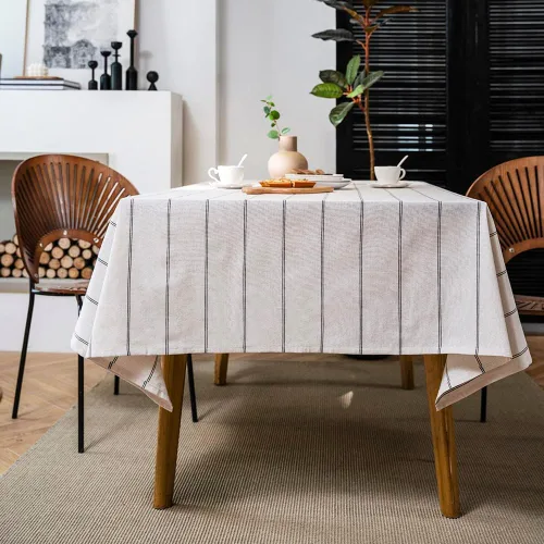Vista 6 de ArtBud Manteles de Lino de Algodón Boho Estilo Granja Tela Pesada Cubierta de Mesa Arpillera a Rayas Lavable Superficie de Mesa para Fiestas Café