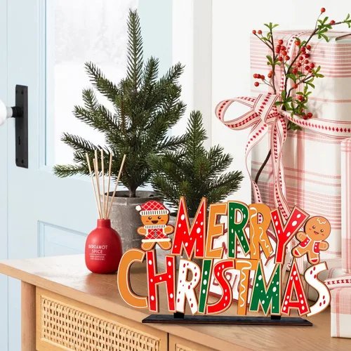 Vista 5 de Decoración de Navidad con Pan de Jengibre, Centros de Mesa de Feliz Navidad, Letrero de Hombre de Jengibre de Madera, Decoración de Puerta/Pared
