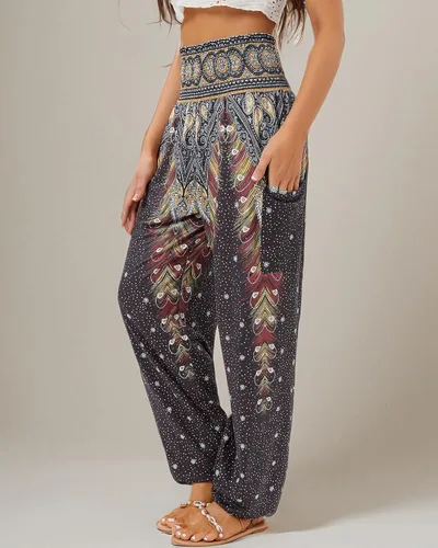 Vista 9 de QIANXIZHAN - Pantalones harén para mujer, pantalones bohemios de yoga con cintura alta y bolsillos