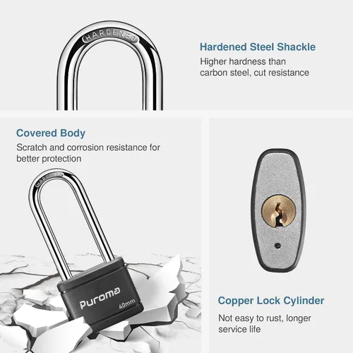 Vista 4 de Puroma Paquete de 2 Candados con Llave de 3 Claves, Cerradura de 2.5 Pulgadas (63.5mm) de Alta Resistencia para Puerta, Valla, Cerrojo de Armario