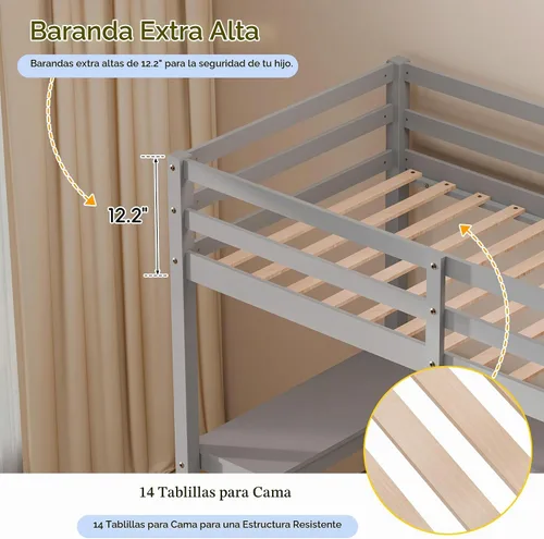 Vista 7 de Xilingol - Cama alta individual con escaleras y escritorio, cama alta de madera maciza, cama alta resistente con escritorio en forma de L, tiras
