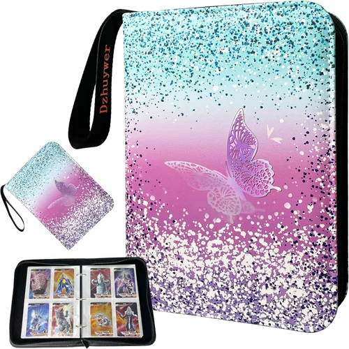 Vista 9 de Carpeta de tarjetas coleccionables para 4 bolsillos, 400 tarjetas con 50 fundas extraíbles con cremallera de protección, pulsera de fácil