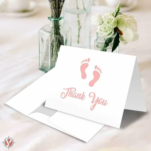 Vista 2 de Tarjetas de felicitación de agradecimiento con huella rosa para bebé, baby shower, cumpleaños, invitación, felicitación, celebración, tarjetas