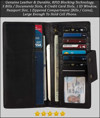 Vista 2 de Mou Meraki - Cartera larga de piel auténtica con bloqueo RFID, plegable vintage para hombre