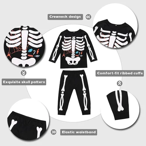 Vista 2 de Conjunto de pijama unisex para niños y niñas, disfraz de esqueleto
