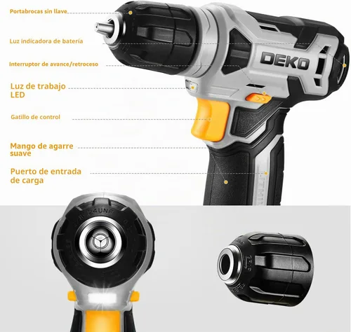Vista 2 de Taladro inalámbrico DEKOPRO de 8 V, juego de taladro con mandril sin llave de 3/8 pulgadas, 42 piezas de accesorios, LED incorporado, cable de carga