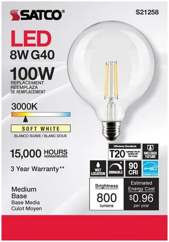 Vista 4 de Satco Paquete de 6 bombillas LED de filamento de globo G40 de 8 W, 3000 K, blanco suave, E26, base media, regulable, equivalente a 100 W, ubicación