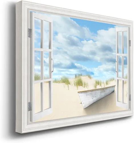 Vista 2 de Renditions Gallery Lienzo decorativo para pared, vista de barco viejo atracado en la playa de arena blanca, obra de arte para colgar en la pared