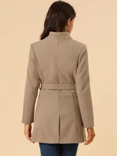 Vista 5 de Allegra K Abrigo largo clásico de invierno con cinturón de manga larga con cuello alto para mujer