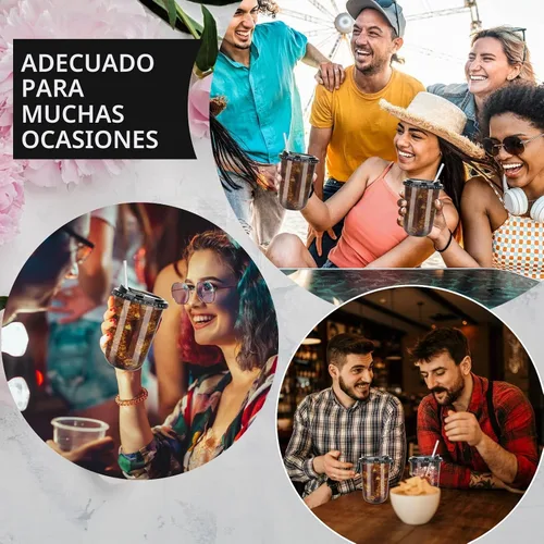 Vista 4 de 100 juegos de vasos de plástico desechables de 16 onzas sin tallo con tapas para sorber sin pajilla, tazas de café PET transparentes para café