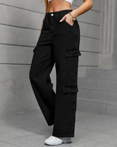 Vista 4 de Pantalones cargo para mujer, elásticos, de cintura alta, holgados, con bolsillo con solapa, rectos, casuales, Y2K.