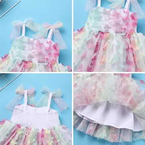Vista 5 de ODASDO Vestido de fiesta de cumpleaños para niñas pequeñas, con lazo, tirantes delgados, tutú de tul, vestido de princesa, concurso de fiesta