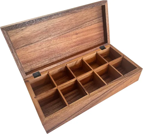 Vista 2 de Ironwood Gourmet Caja de té de madera de acacia, rectangular XL, con 10 compartimentos Store & Display Tea Bag Collections Beautiful Acacia Wood