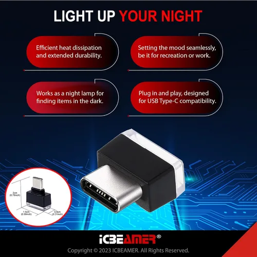 Vista 4 de ICBEAMER Adaptadores tipo C luz de atmósfera 1 paquete (blanco) Luz nocturna LED miniatura universal enchufable para interior del automóvil e