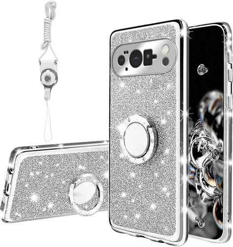 Vista 12 de Funda compatible con Google Pixel 6 Pro para mujer, con purpurina, suave, elegante, transparente, TPU de lujo, bonita funda protectora con correa