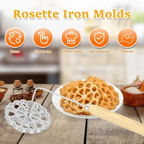 Vista 5 de Bunuelos - Juego de moldes de hierro con mango de madera, molde para hacer galletas de flor de loto, fabricante de rosetas desmontables, kit