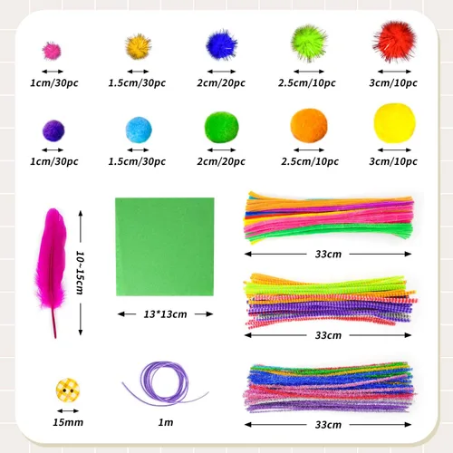 Vista 4 de kortes Suministros de arte y manualidades jumbo para niños, juego de suministros de arte de bricolaje incluye limpiapipas, pompones, plumas, caja