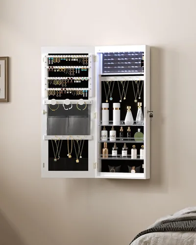 Vista 8 de Hzuaneri Armario de joyería con espejo de 8 LED, organizador de joyas de 35.4 pulgadas, armario de almacenamiento con cerradura para montaje