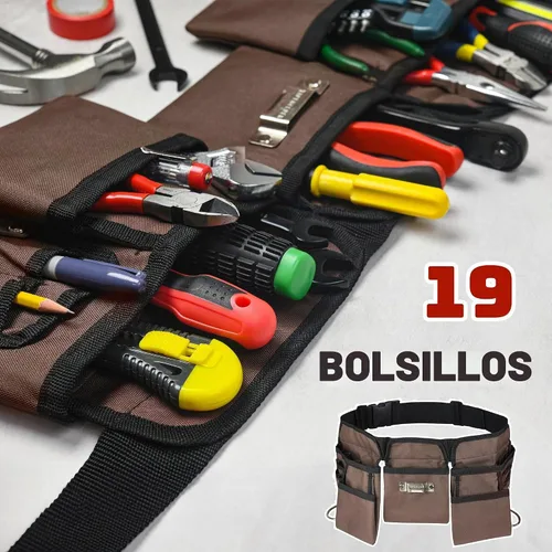 Vista 5 de Cinturón de herramientas de construcción resistente marrón y negro de 19 bolsillos, delantal de trabajo, bolsa de herramientas, con hebilla