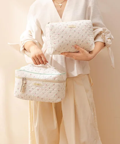 Vista 7 de HBselect Bolsa de Maquillaje Acolchada, 3 Piezas de Gran Bolsa de Maquillaje de Viaje de Algodón, Linda Bolsa de Maquillaje Floral Coquette, Bolsa