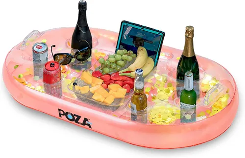 Vista 11 de POZA Hielera flotante inflable dorada – Lujoso soporte para bebidas relleno de confeti brillante, flotador de fiesta premium con 8 soportes, barra
