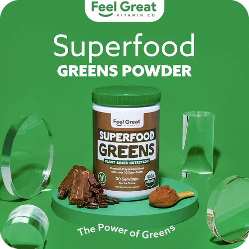 Vista 2 de USDA Organic Super Greens - Mezcla de jugo y polvo - Sabor a chocolate moca - Probióticos y enzimas digestivas para apoyar la salud intestinal